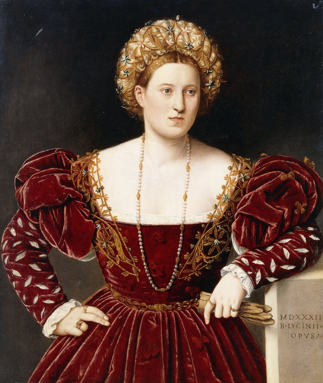 Üç çeyrek uzunlukta, bordo elbiseli, kolları kesik, eldiven tutan bir Hanımefendinin portresi, by Bernardino Licinio