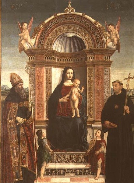 Tolentino Aziz Nikolaos ve Aziz Augustine ile Madonna ve Çocuk by Bernardino Loschi