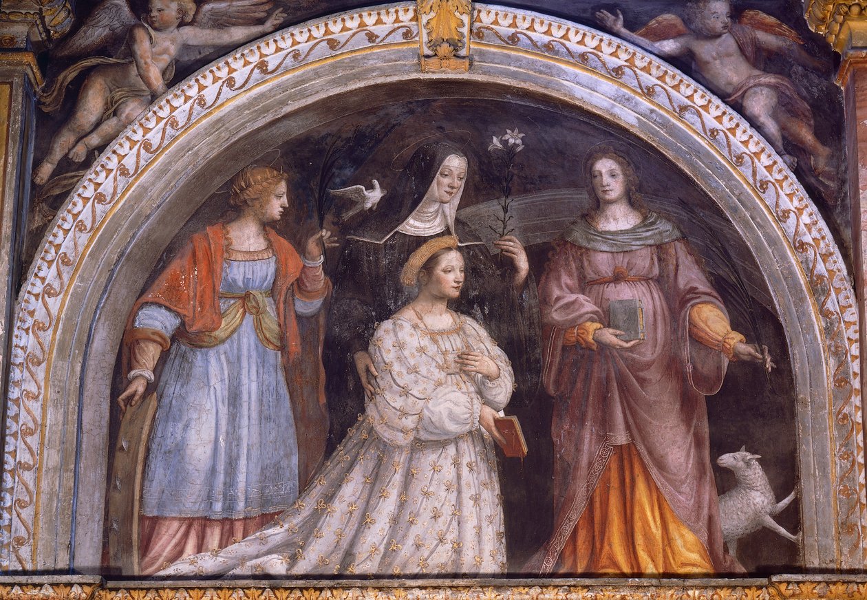 İtalya, Milano, Saint Maurice al Monastero Maggiore Kilisesi, Ginevra Bentivoglio Sforza peçe alıyor by Bernardino Luini