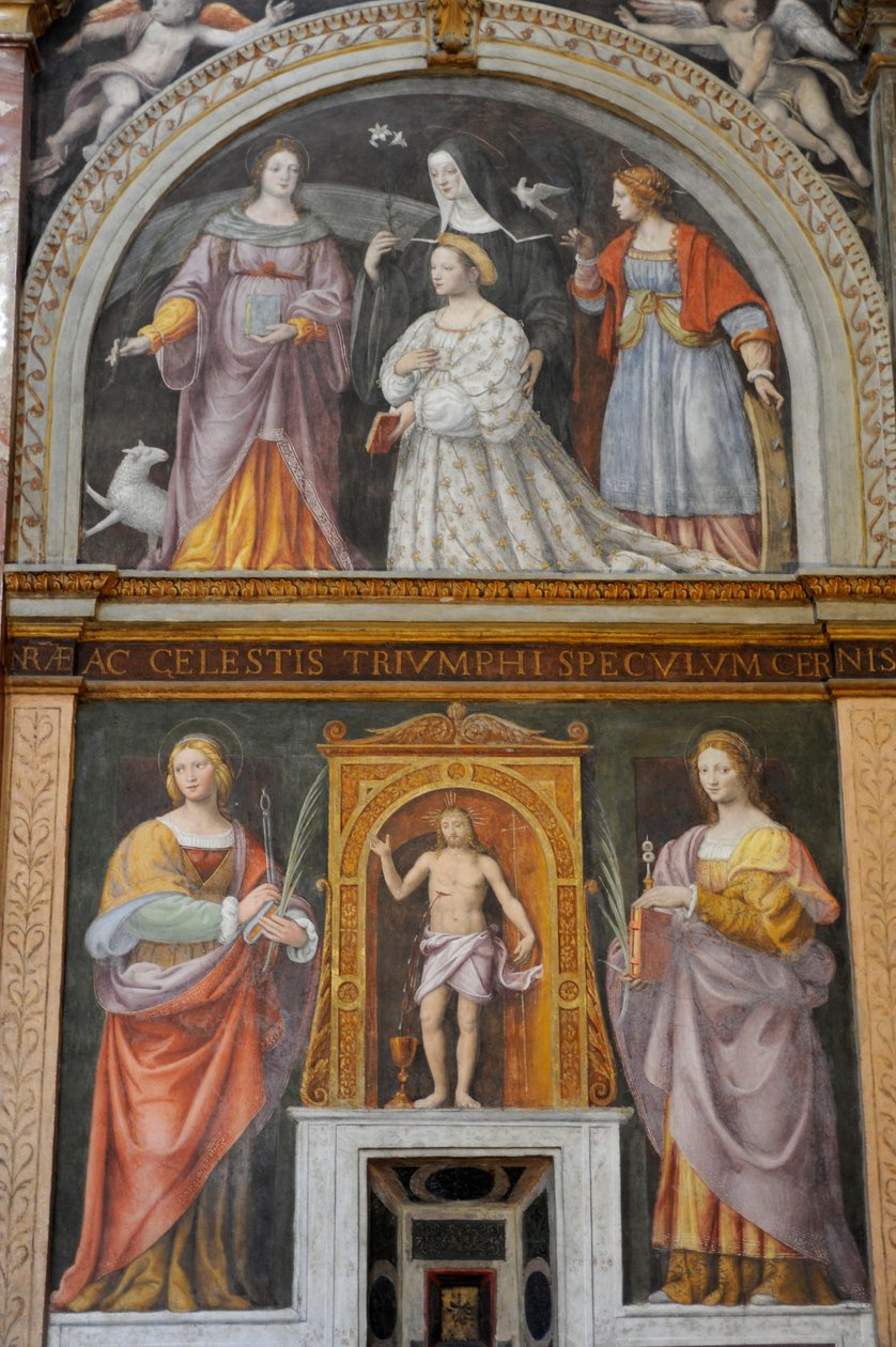 Aziz Apollonia ve Aziz Lucy, üstte, azizler ve rahibelerle çevrili Ippolita Sforza, Maggiore Manastırı