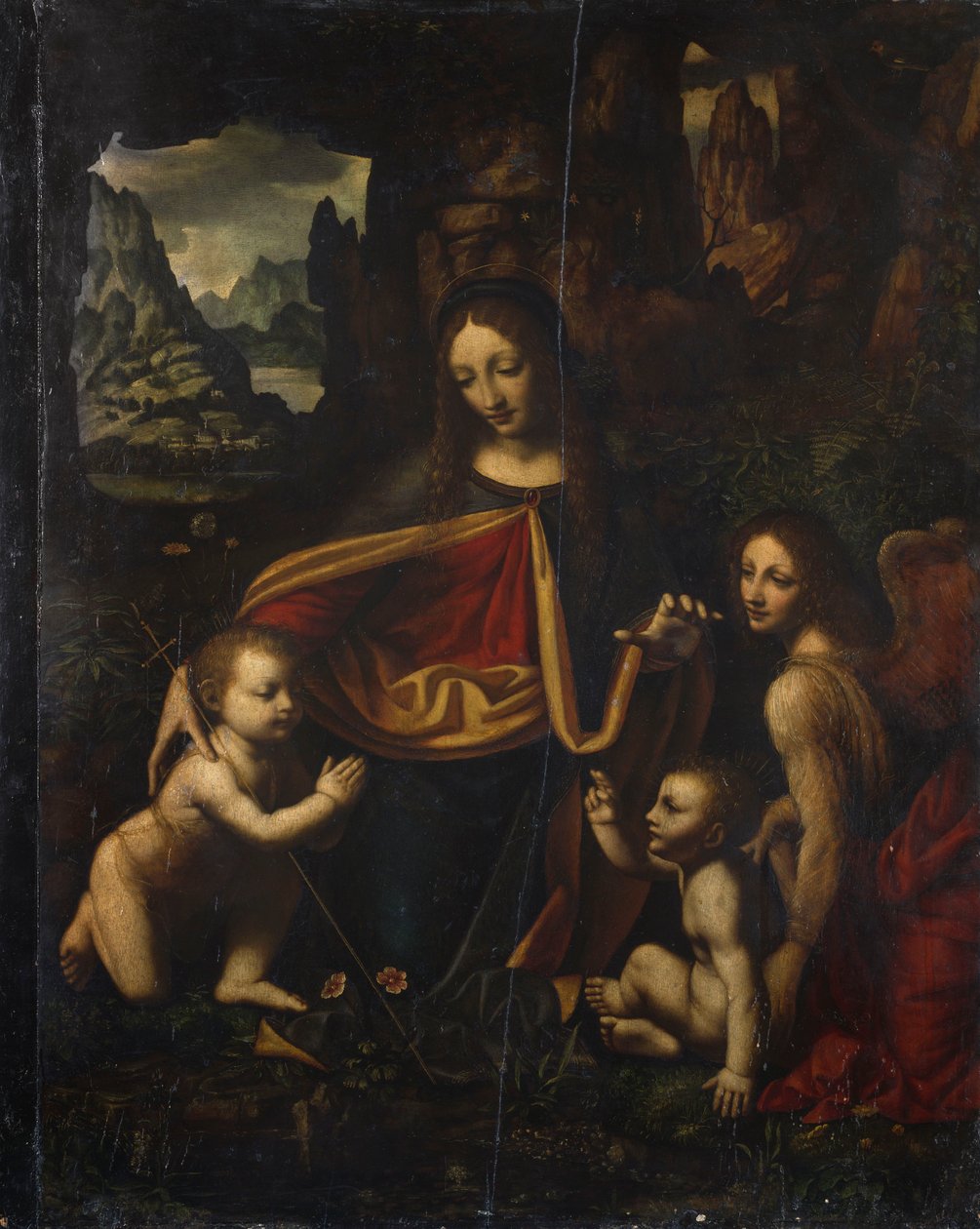Kayaların Bakiresi, Bernardino Luini (yaklaşık 1480-ca 1532), ahşap üzerine yağlı boya, cm 865x655, Santa Giustina Kilisesi, Affori, Lombardiya, İtalya by Bernardino Luini