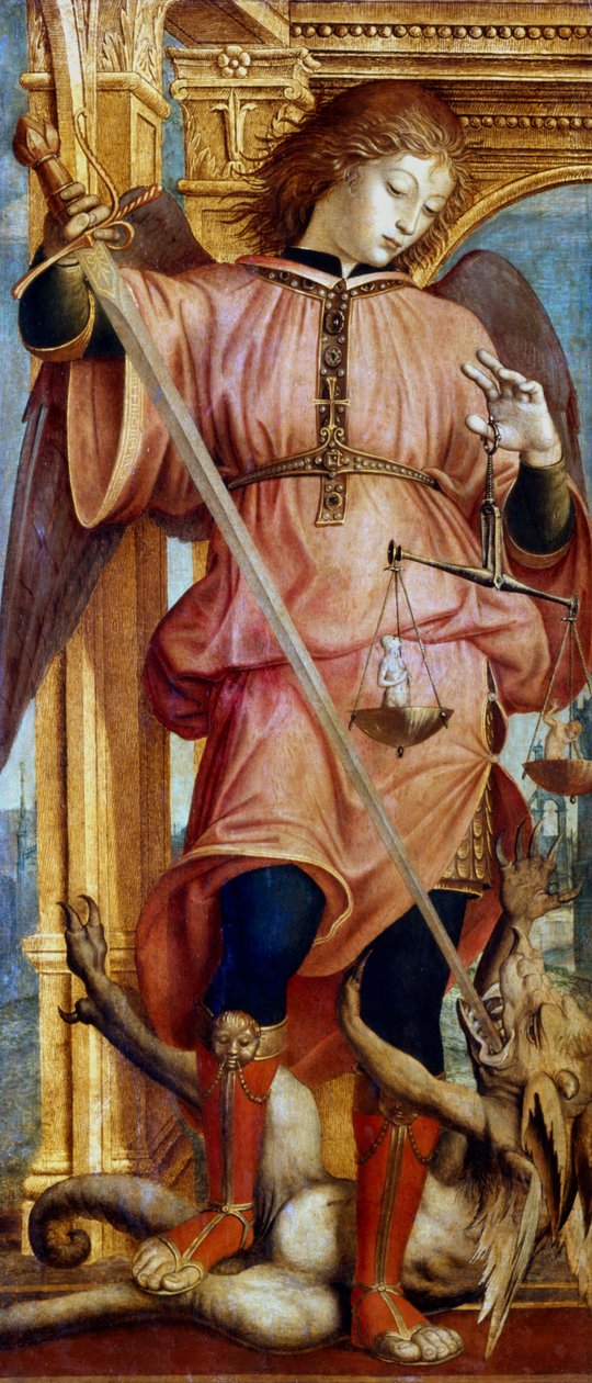 Başmelek Aziz Michael, bir ejderhayla kılıçla savaşıyor, c1484-1526 by Bernardino Zenale