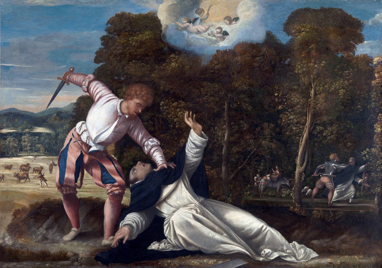 Verona Aziz Peter'in ölümü - Bernardino da Asola'ya atfedilen resim (aktif 1525-1550), tuval üzerine yağlıboya (102x144.8 cm), yaklaşık 1540 - (Saint Peter Martyr'in Ölümü, Tuval üzerine yağlı boya, Bernardino da Asola by Bernardino da Asola