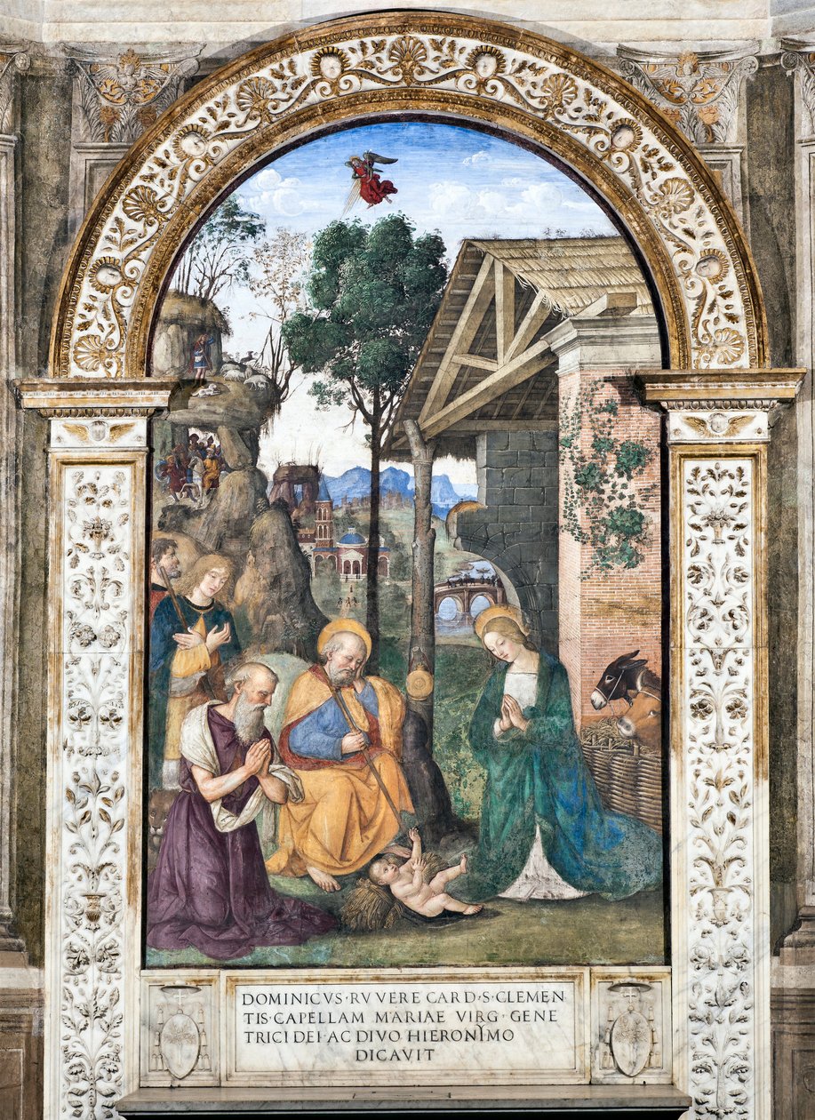 Pinturicchio (Bernardino di Betto) (1454-1513) 1484-1492 Santa Maria del Popolo Bazilikası (Santa Maria del Popolo Kilisesi), Cappella Basso della Rovere Roma İtalya tarafından Çobanların Hayranlığı Fresk by Bernardino di Betto Pinturicchio