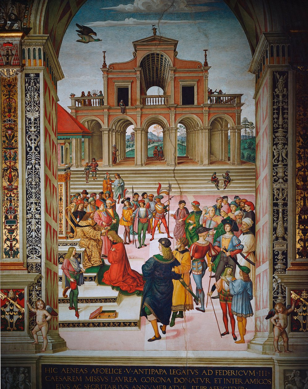 Enea Silvio, İmparator Frederic III, Siena, Duomo, Piccolomini Kütüphanesi tarafından şair olarak taç giydi by Bernardino di Betto Pinturicchio