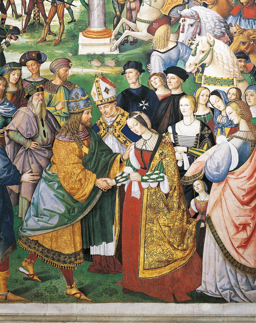 İtalya, Siena, Katedral, Piccolomini Kütüphanesi, Enea Silvio Piccolomini, Siena piskoposu III. Frederick ve Aragonlu Eleanor'un taç giyme törenine katılıyor, II. Pius Hikayelerinden detay by Bernardino di Betto Pinturicchio