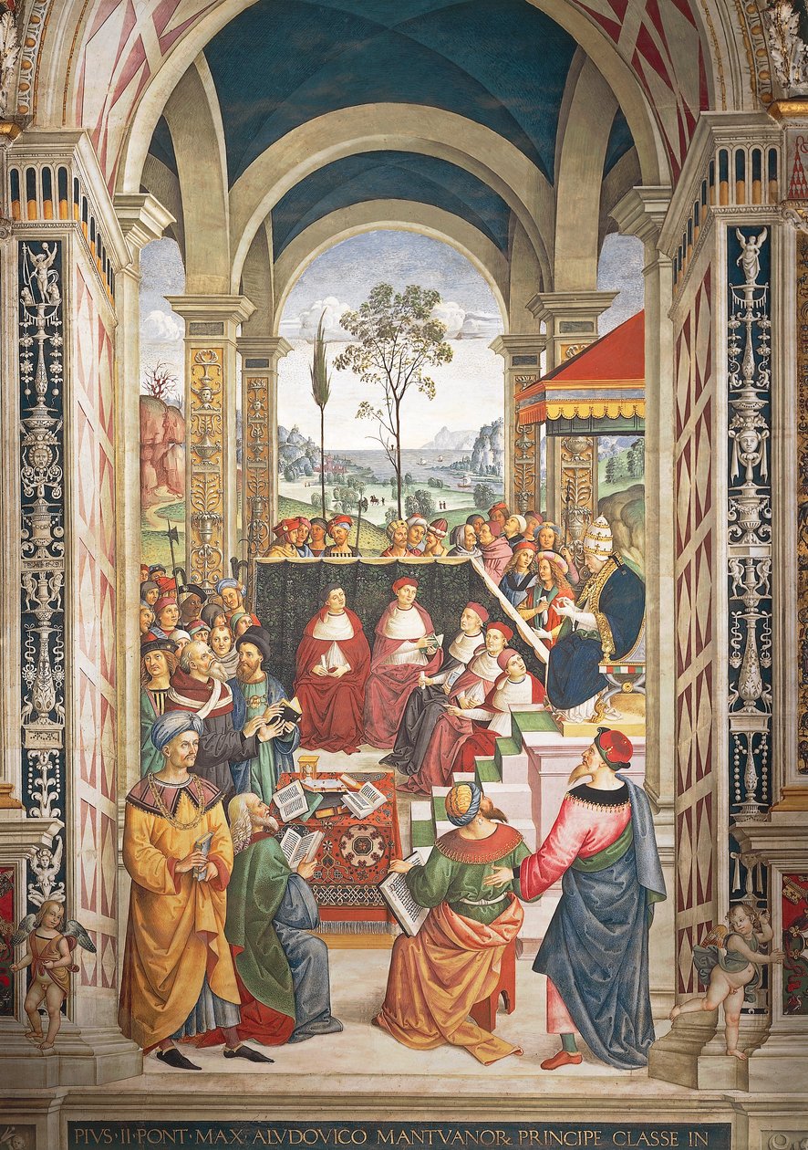İtalya, Siena, Katedral, Piccolomini Kütüphanesi, Pius II, Türklere karşı Haçlı Seferi planlamak için düzenlenen diyet için Mantova