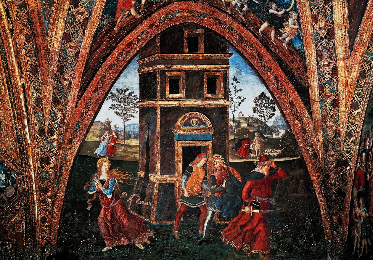 Aziz Barbara Şehitliği, Bernardino Pinturicchio (yaklaşık 1452-1513), fresk, Azizler Salonu, Borgia Apartmanları, Apostolik Sarayı, Vatikan, İtalya. by Bernardino di Betto Pinturicchio