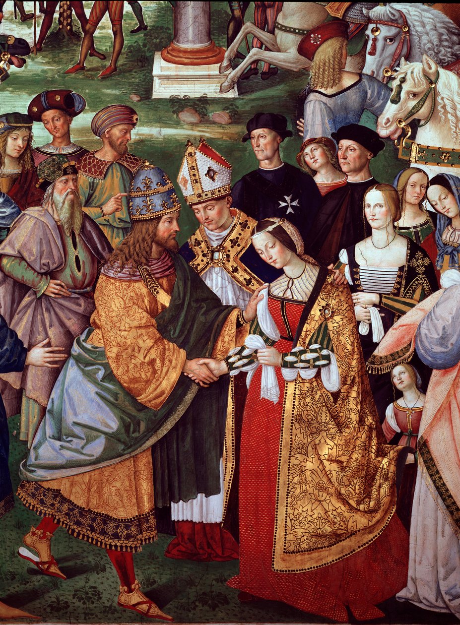 Şair Enee Silvio Piccolomini, Portekizli Eleonore'u Camollia Kapısı'nda Kutsal İmparatorluğun İmparatoru III. Frederic'e sunar. Papa II. Pius'un Yaşamından Detay (Fresco) by Bernardino di Betto Pinturicchio