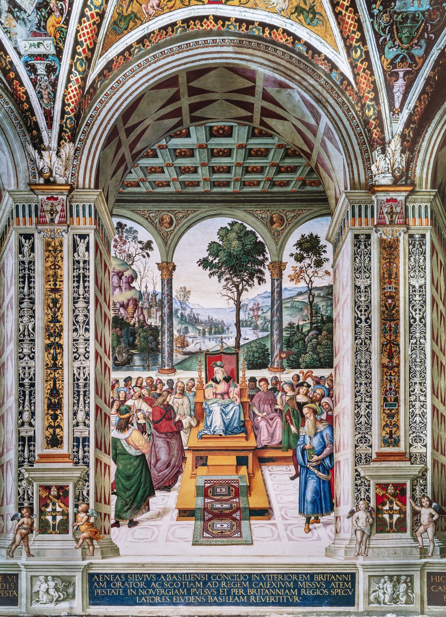 Piccolomini Kütüphanesi, kuzey doğu duvarı: “Aeneas Sylvius, İskoçya Kralı I. James