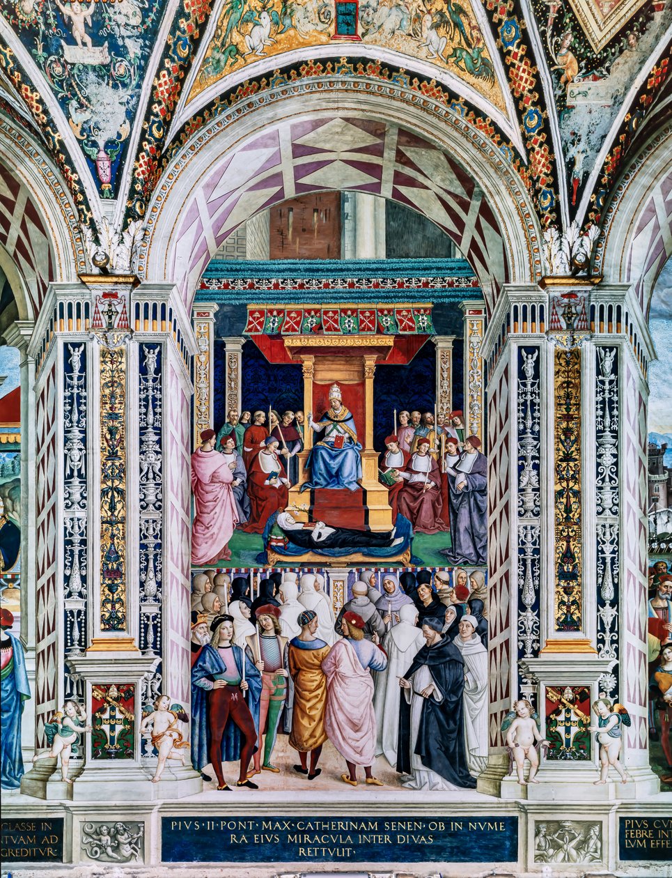 Piccolomini Kütüphanesi, güney batı duvarı: “ II. Pius, Sienalı Aziz Catherine