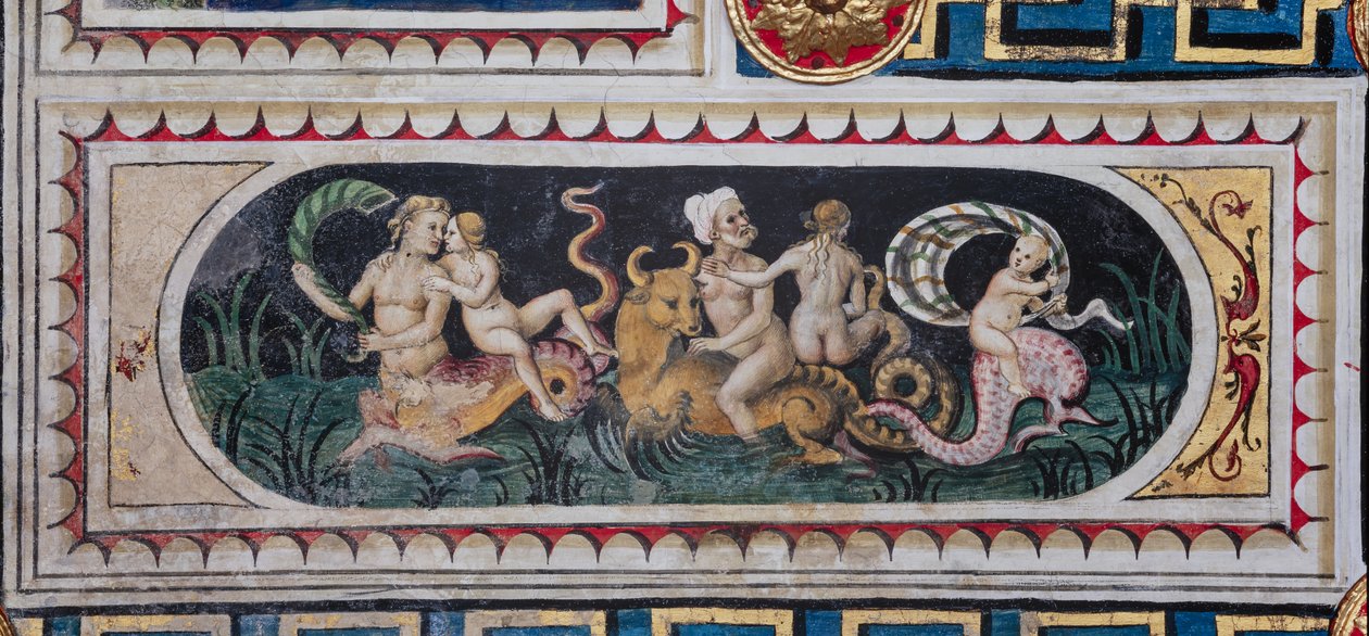 Piccolomini Kütüphanesi, tavan: denizcilik thiasus (tritonlar, putto ve nereid) sahnesi ile daha küçük panel, Pinturicchio olarak bilinen Bernardino di Betto