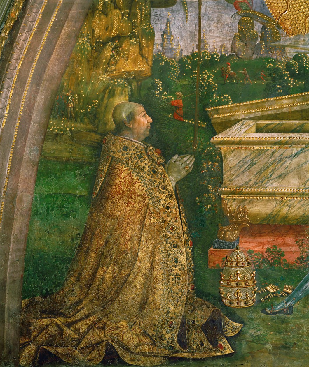 Diriliş. Papa Alexander VI Borgia boş bir lahit önünde diz çökmüş (mur resmi) by Bernardino di Betto Pinturicchio