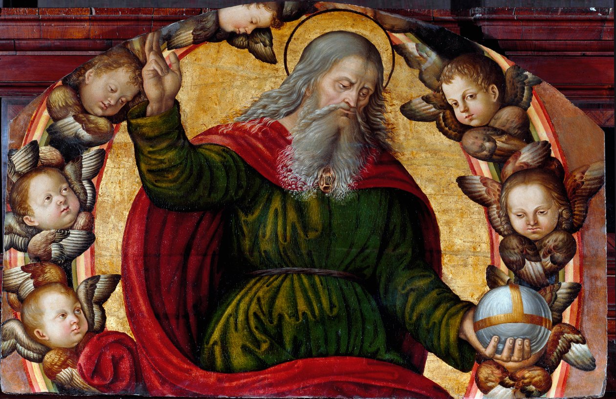 Ebedi baba (Tanrı) ve Keruvlar. Tanrı, sağ elinin parmaklarını kutsama işareti olarak kaldırmıştır, sol elinde bir küre tutmaktadır. Bernardino di Betto dit il Pinturicchio (1454-1513) okulunun resmi. Ahşap üzerine yağ. Sant 
