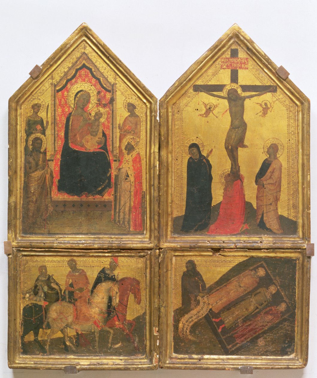 Azizlerle Madonna ve Çocuk, Çarmıha Gerilme ve Üç Yaşayan ve Üç Ölü Efsanesi (panelde mizaç) by Bernardo Daddi