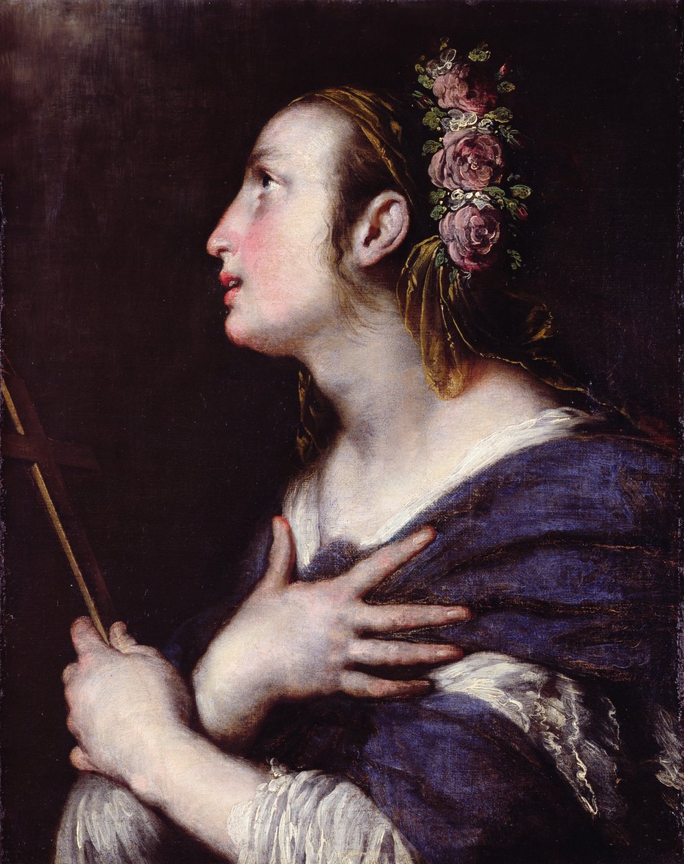 Bir gül tacı olan aziz by Bernardo Strozzi