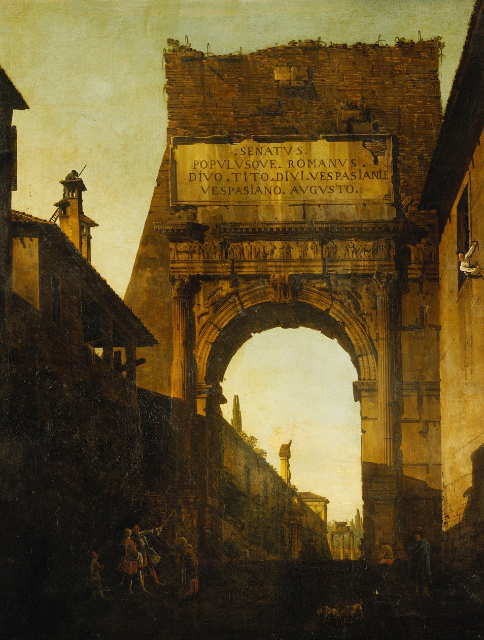 Titus Kemeri, Roma, Farnese Bahçelerinin Duvarı ve Kapısı ve Ötesinde Castor ve Pollux Tapınağı, Ön Planda İki Turist, by Bernardo Bellotto