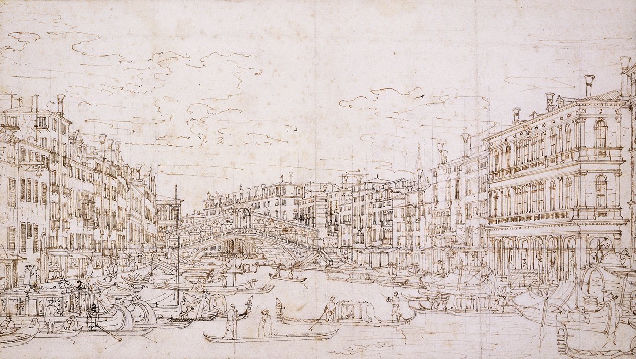 Güneyden Rialto Köprüsü ile Büyük Kanal, Venedik, by Bernardo Bellotto