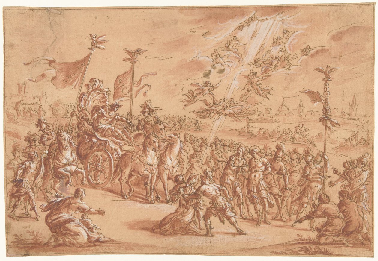 Kutsal Bir Piskopos, Bir Roma Imperator Alayı'nın Yanında Diz Çöküyor by Bernardo Castello (attributed to)