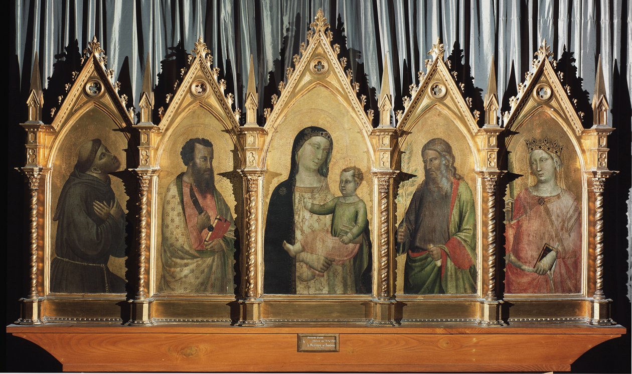 Aziz Francis, Bartholomew, Aziz John ve İskenderiyeli Aziz Catherine ile bakire ve çocuk - panelde sıcaklık by Bernardo Daddi