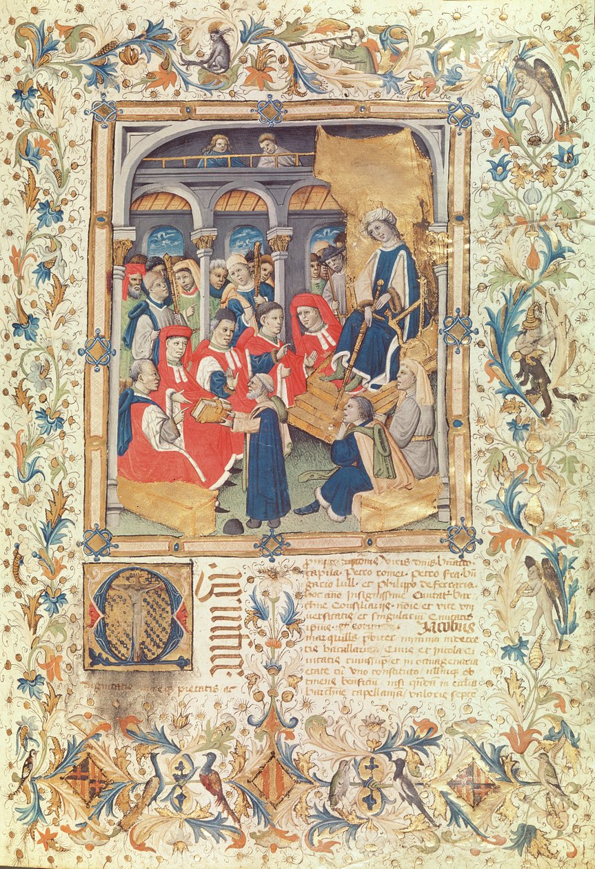Yazar, Kitabını V. Alfonso'nun Karısı Kraliçe Maria'nın huzurunda Barselona Meclis Üyelerine Sunuyor by Bernardo Martorell