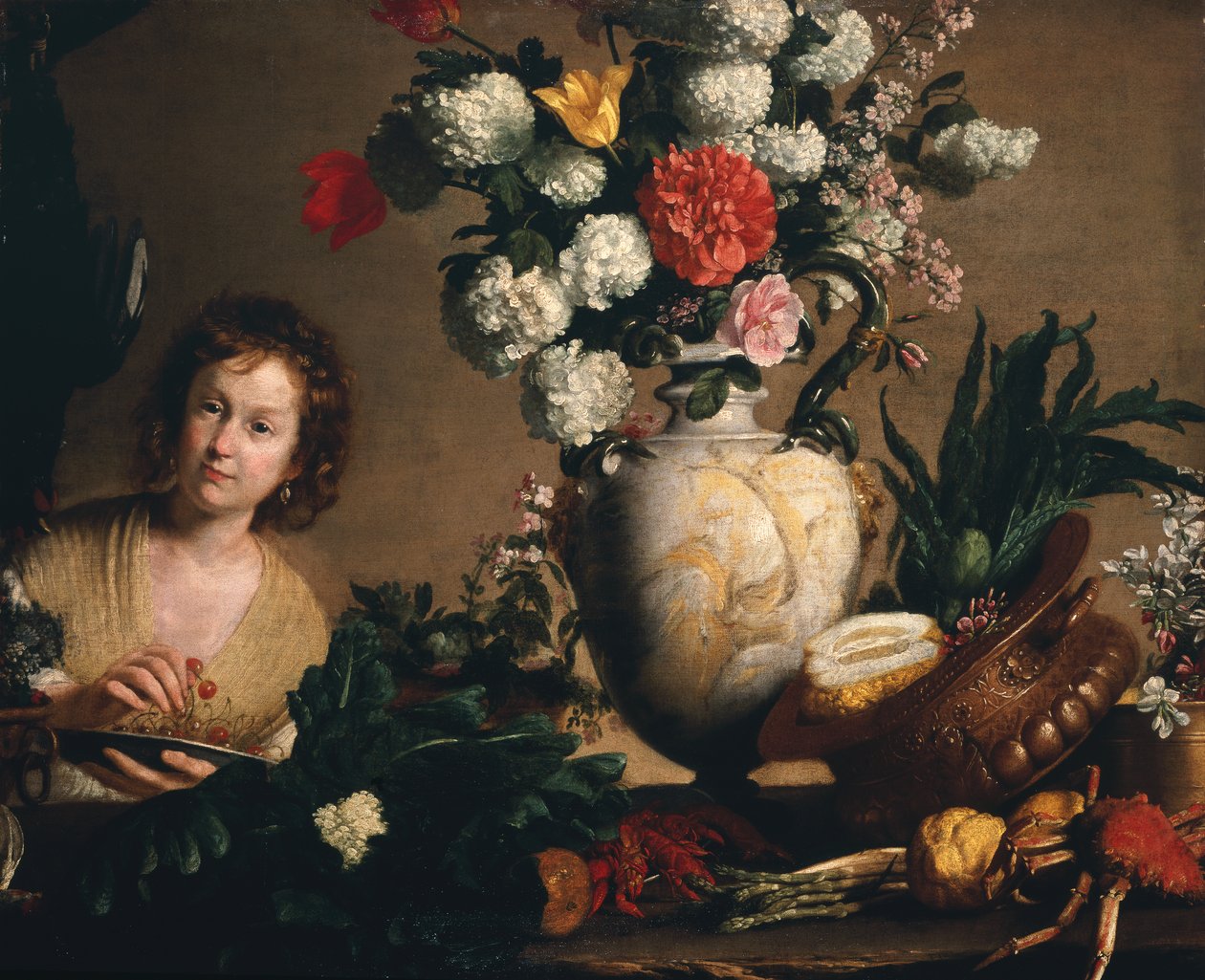 Bir Kenarda Çiçekler, Meyveler, Sebzeler ve Deniz Mahsüllerinden oluşan bir Natürmort, elinde bir tabak kiraz tutan figür (tuval üzerine yağlı boya) by Bernardo Strozzi