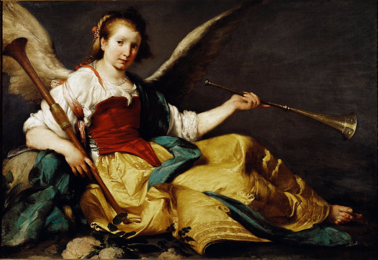 Yeniden Adlandırın alegorisi Bir trompet (sol el) ve tahta bir chalemie (sağ el) tutar. Bernardo Strozzi