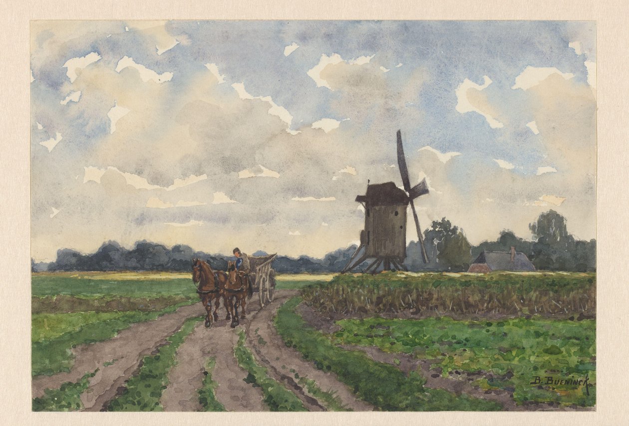 Vorden'de değirmen ve vagon ile manzara by Bernardus Bueninck (signed by artist)