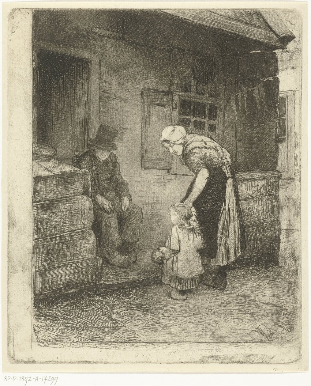 Küçük çocuğu olan kadın, işçinin evinin önünde oturan yaşlı bir adamla duruyor. by Bernardus Johannes Blommers