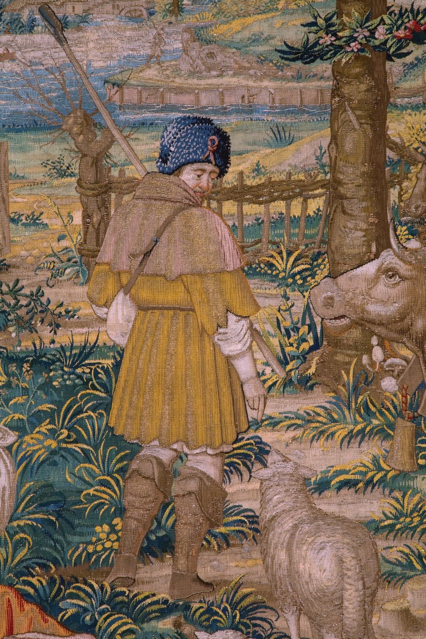 Flaman halısı. The Foundation of Rome: Faustulus, Romulus ve Remus ile tanışıyor. Karikatürist Barend van Orley (?). Brüksel üretimi. 1525-1530. Detay. by Bernart van (attr. to) Orley