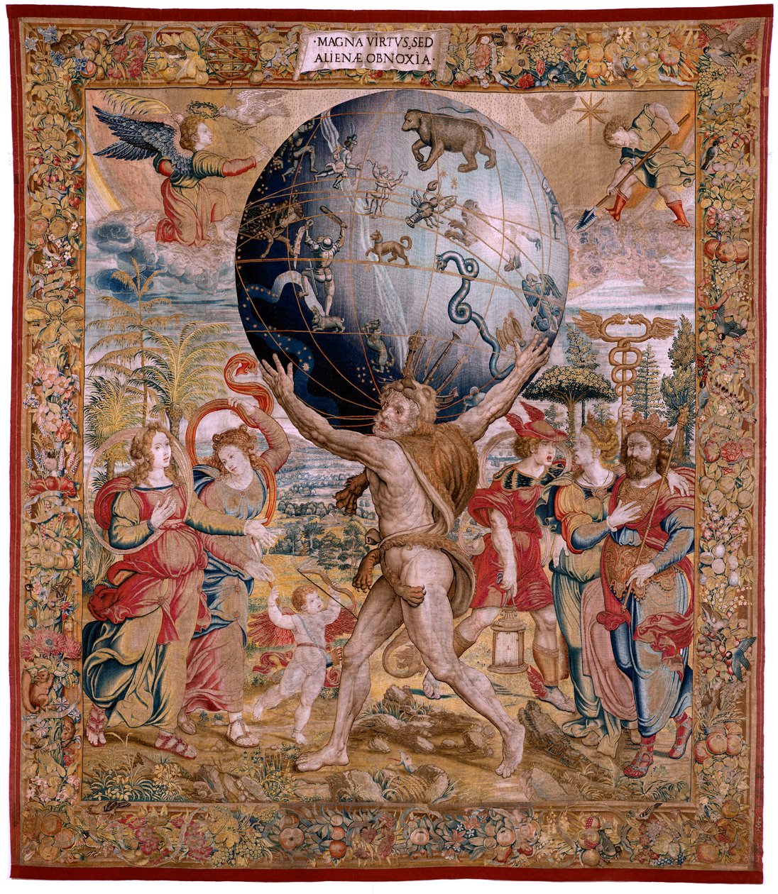 Flaman halısı. Seri Küreler. Gök küresini destekleyen Herkül (Hércules sostiene la esfera celeste). Serinin ilk halısı. Model Barend van Orley veya Pieter Coecke van Aelst. 1525-1530. Joris Vezeleer (Georg Wezeler) imalatı?, B by Bernart van (attr. to) Orley