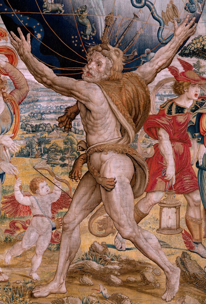 Flaman halısı. Seri Küreler. Gök küresini destekleyen Herkül (Hércules sostiene la esfera celeste). Serinin ilk halısı. Model Barend van Orley veya Pieter Coecke van Aelst. 1525-1530. Joris Vezeleer (Georg Wezeler) imalatı?, by Bernart van (attr. to) Orley