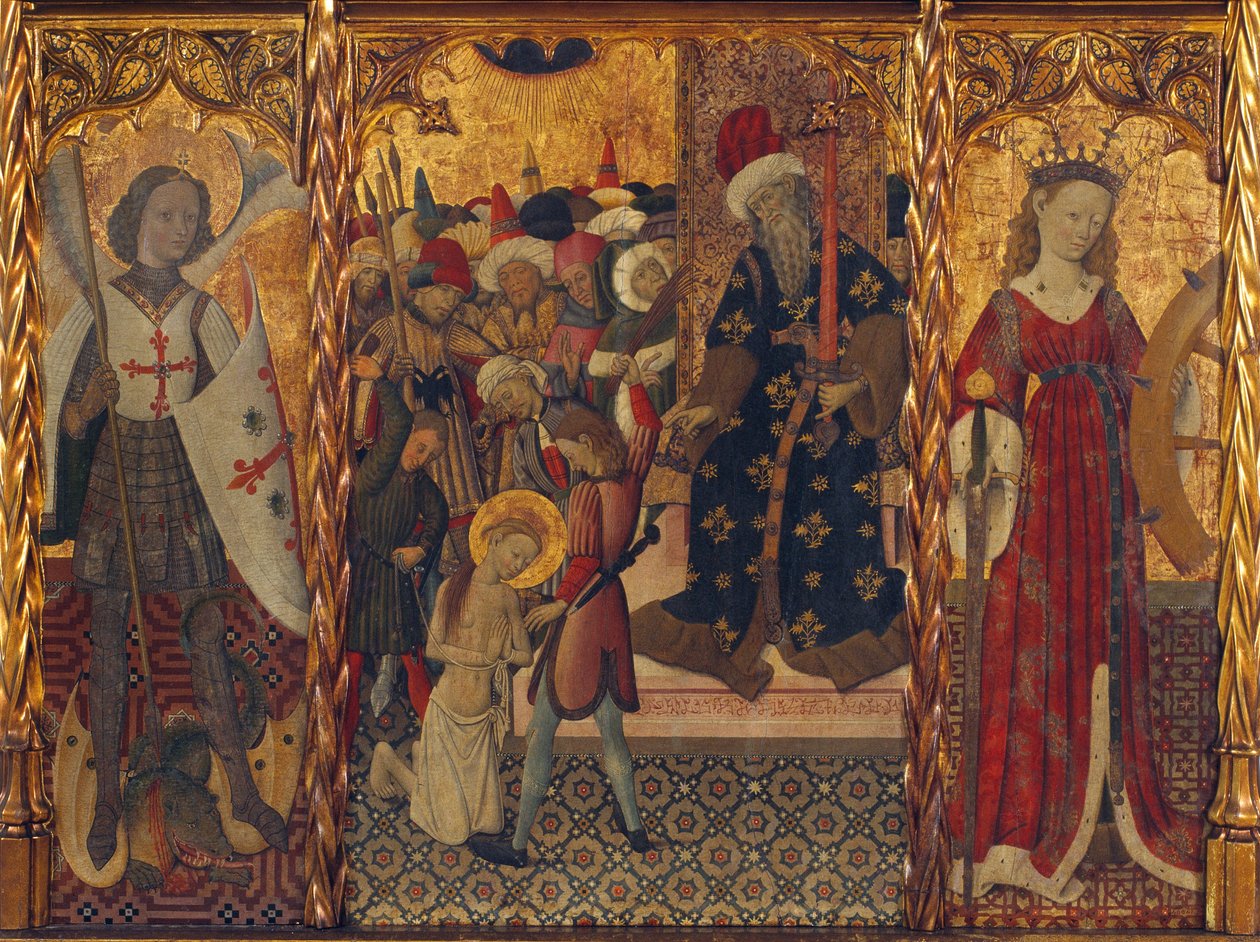 Aziz Michael ve Aziz Catherine, Barselona Aziz Eulalia'nın şehadetini çerçeveliyor (289-304) - Bernat Martorell (1390-1452), ahşap üzerine tempera (143,5x188 cm), yaklaşık 1442-1445 - Aziz Michael, Aziz Şehitliği Eulalia ve Aziz Catherine, Tem by Bernat Martorelli