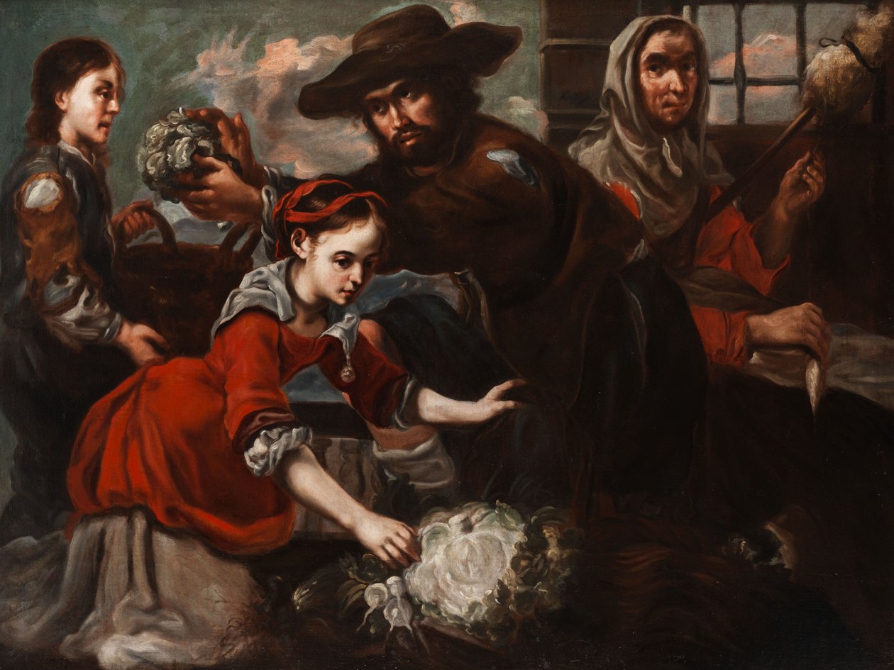 Genç bir lahana satıcısı ve yaşlı bir tuhaf adamla pazar sahnesi by Bernhard Keil