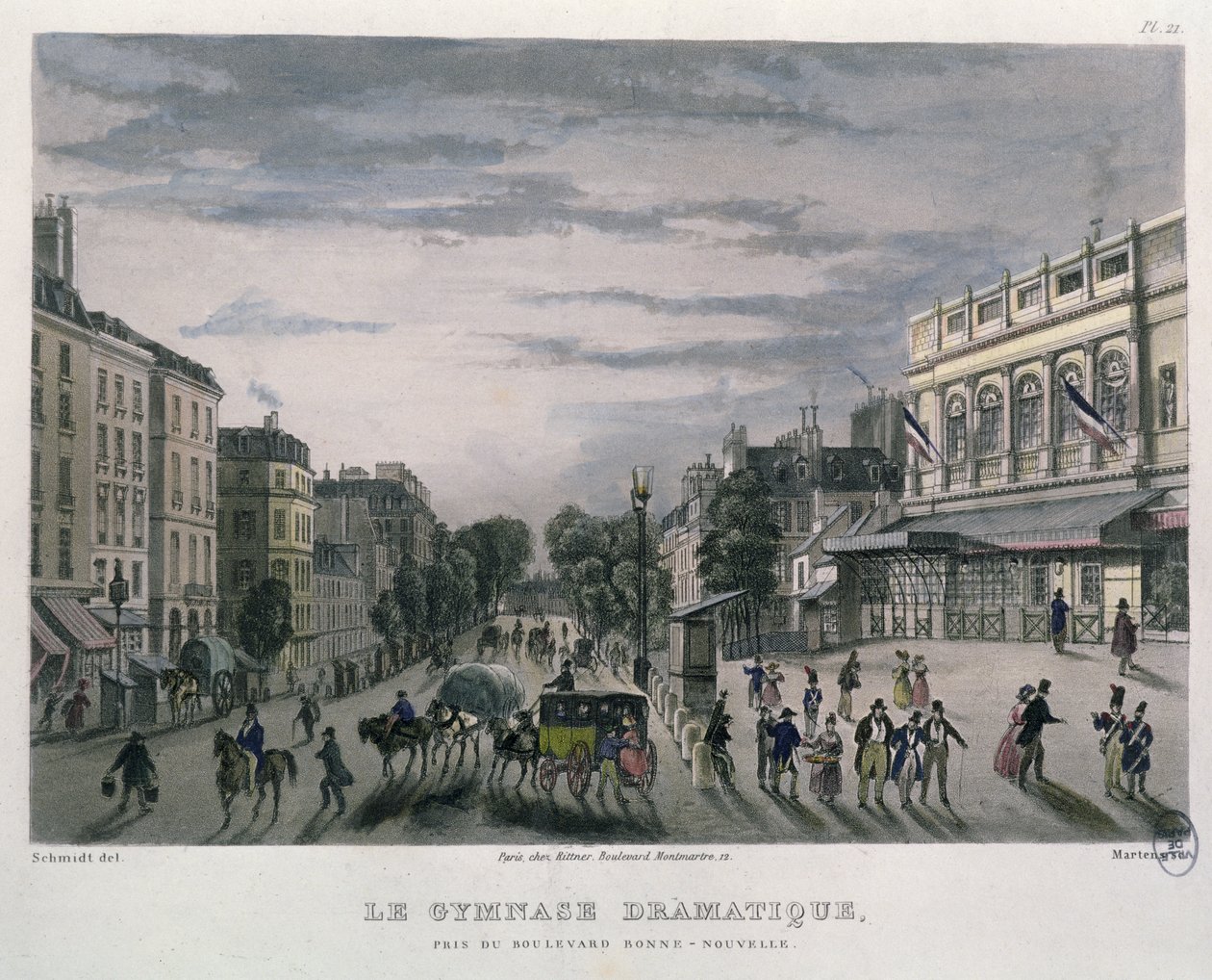 Gymnase Dramatique tiyatrosu, Paris, 1832 (renkli gravür) by Bernhard Schmidt