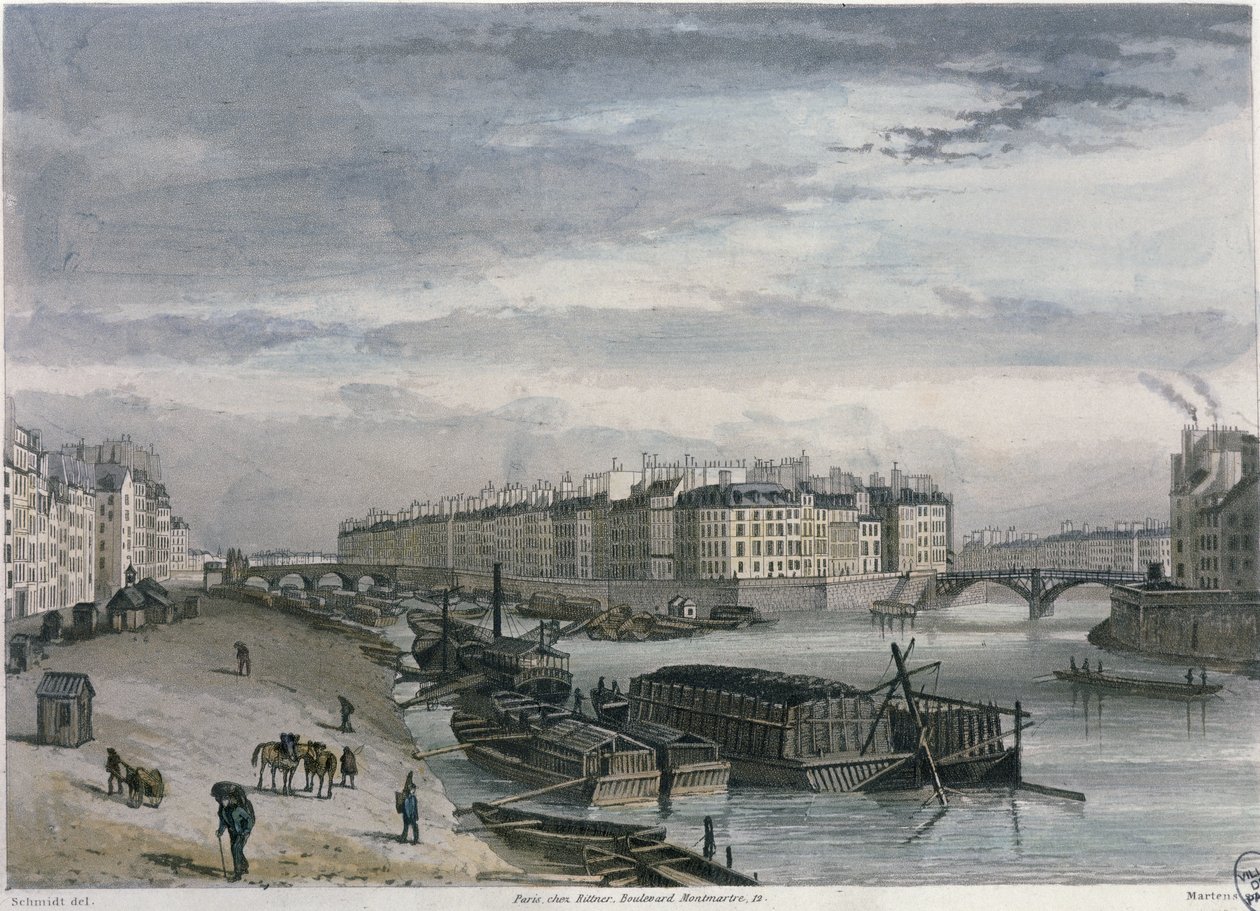 Ile Saint-Louis, 1832 (renkli gravür) by Bernhard Schmidt