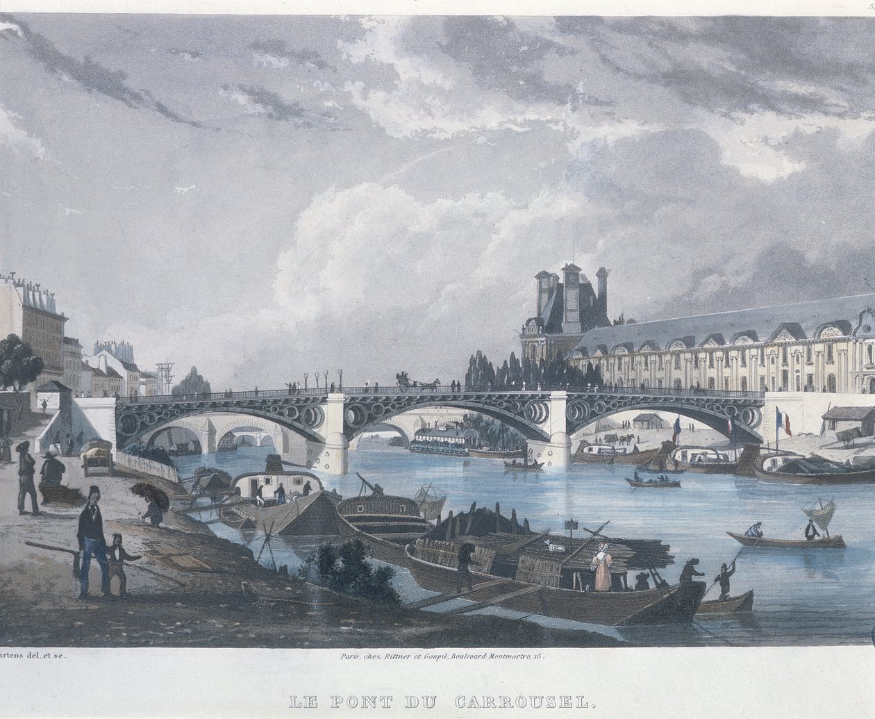 Pont du Carrousel, 1832 (renkli gravür) by Bernhard Schmidt