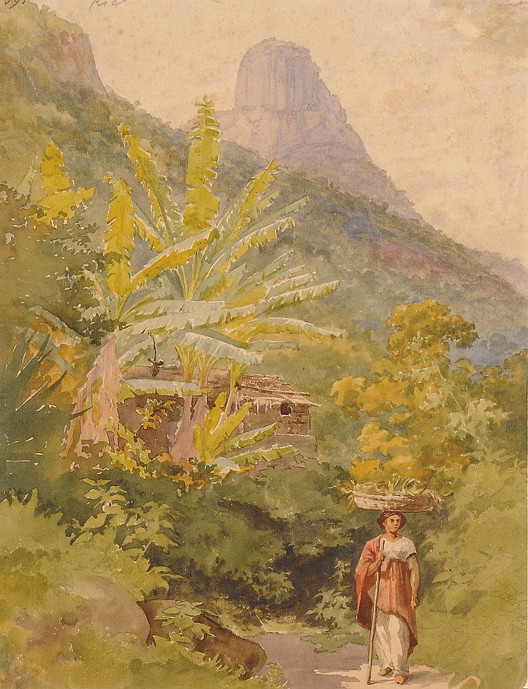 Başında meyve sepeti taşıyan Brezilyalı bir kadın, ötesinde Sugar Loaf by Bernhard Wiegandt