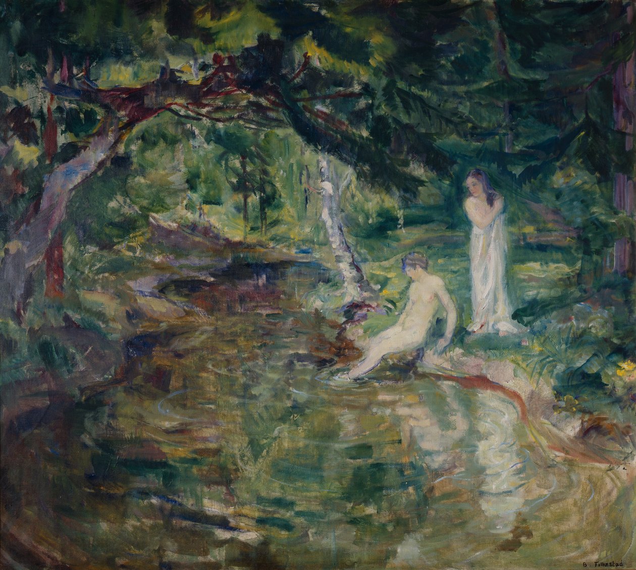Ormanda yüzen çift (tuval üzerine yağlı boya) by Bernhard Dorotheus Folkestad