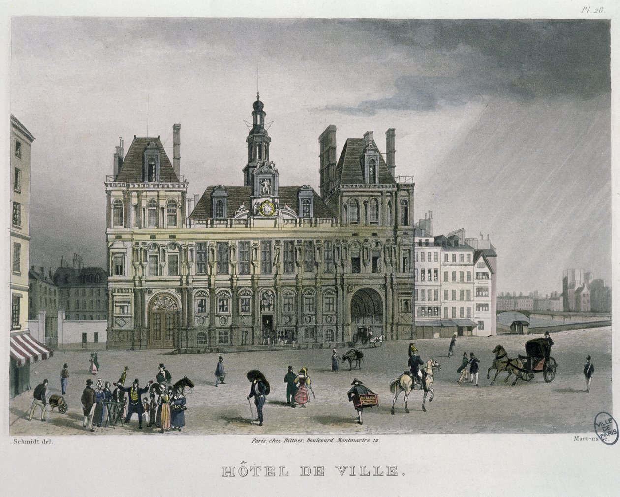 Hotel de ville, Paris, 1832 (renkli gravür) by Bernhard Schmidt