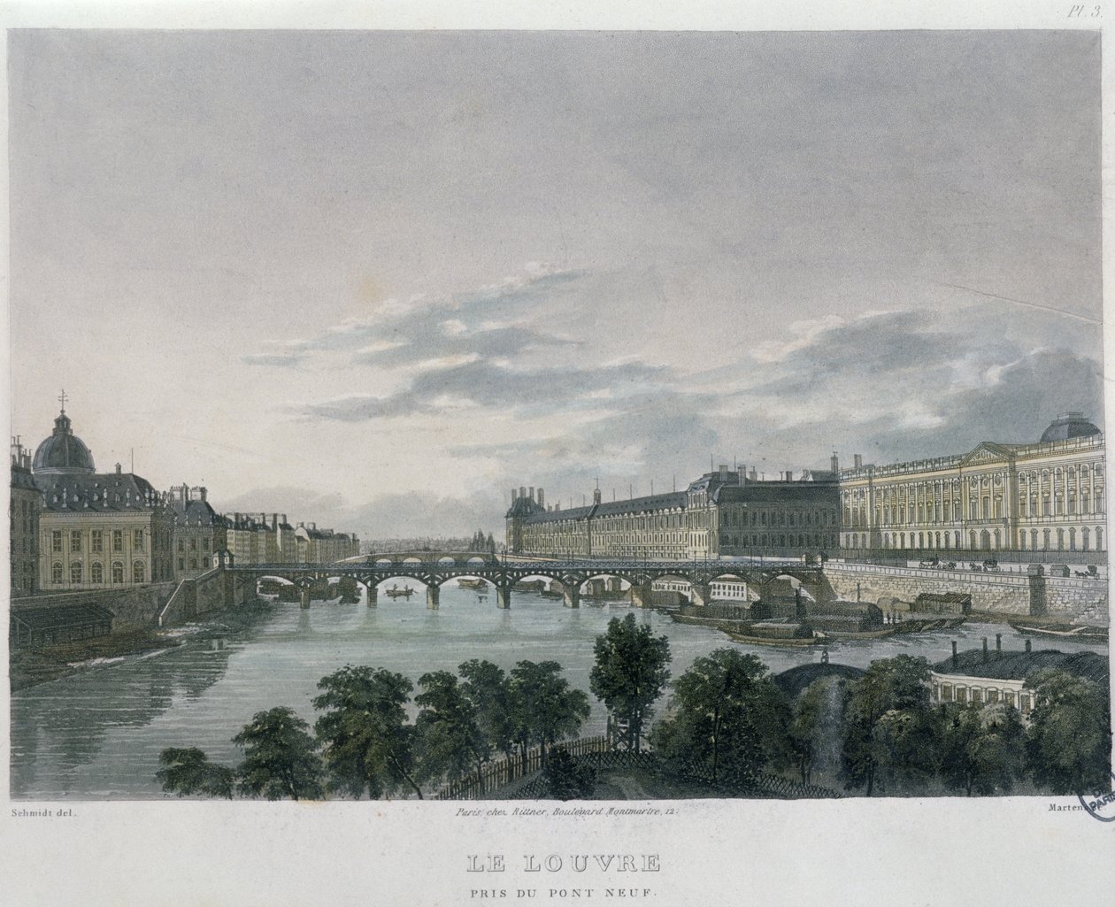 Pont veya Passerelle des Arts, Paris, 1832 (renkli gravür) by Bernhard Schmidt