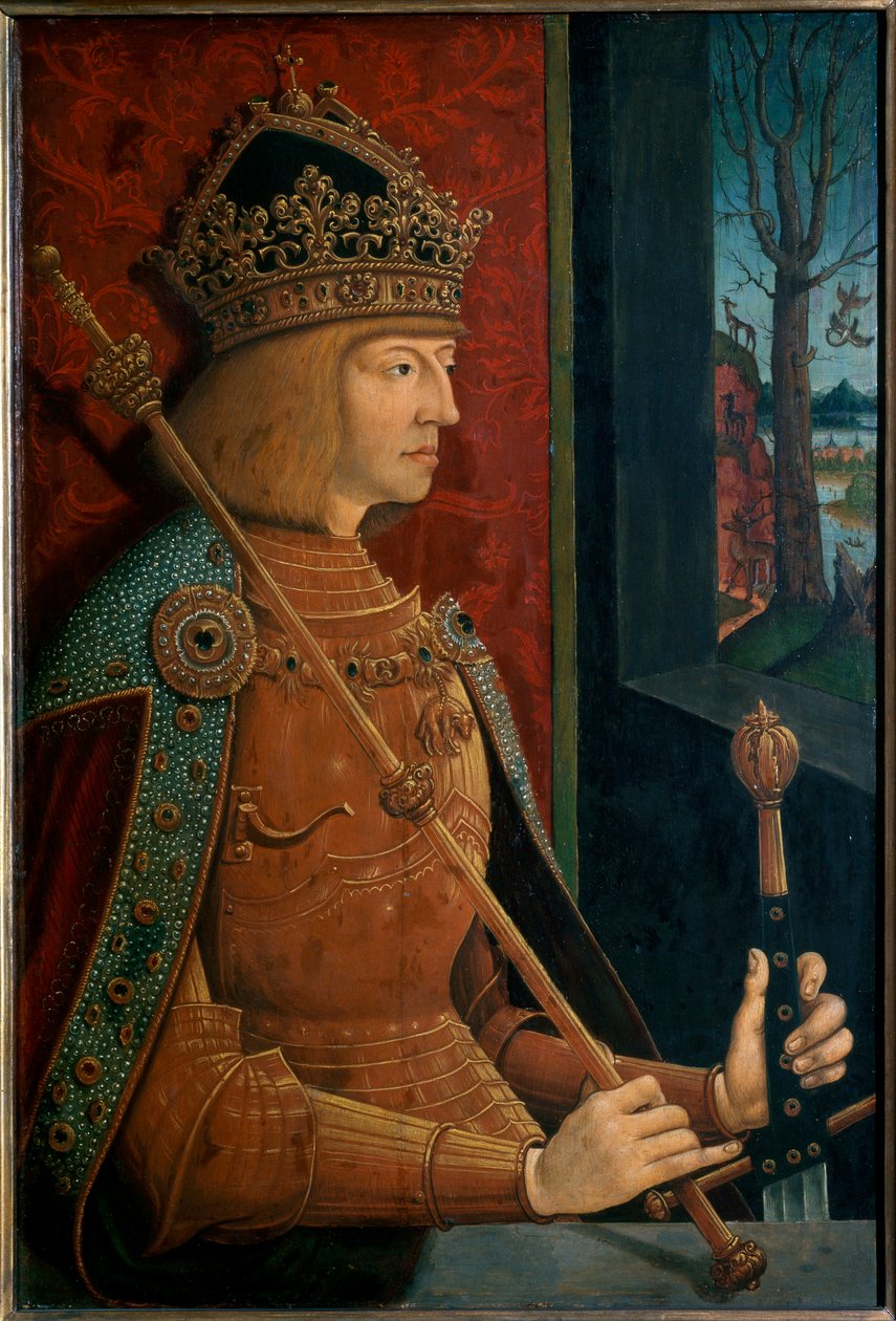 İmparator Maximilian I, taç, asa ve kılıçla by Bernhard Strigel