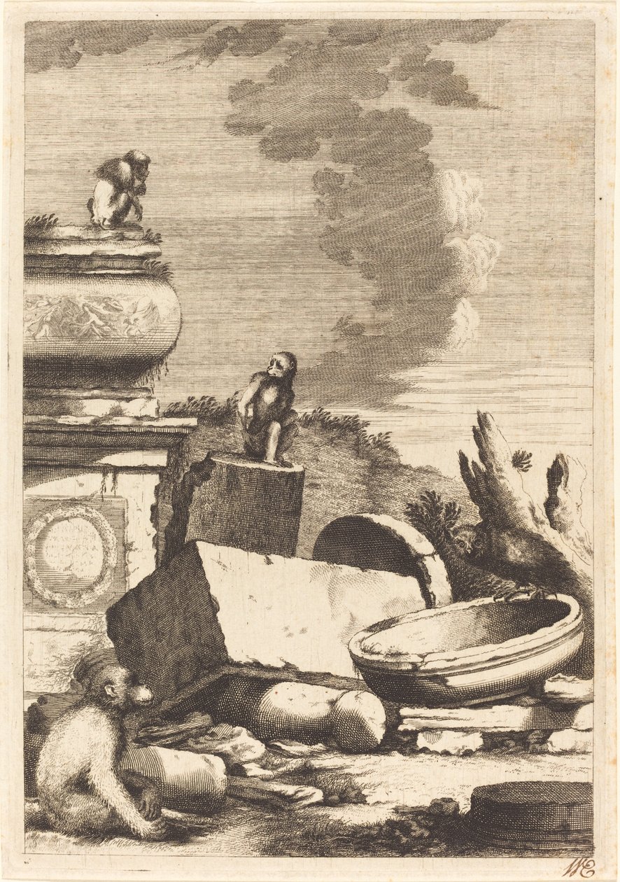 Maymunlar ve Bir Baykuş ile Harabeler by Bernhard Zaech after Jonas Umbach
