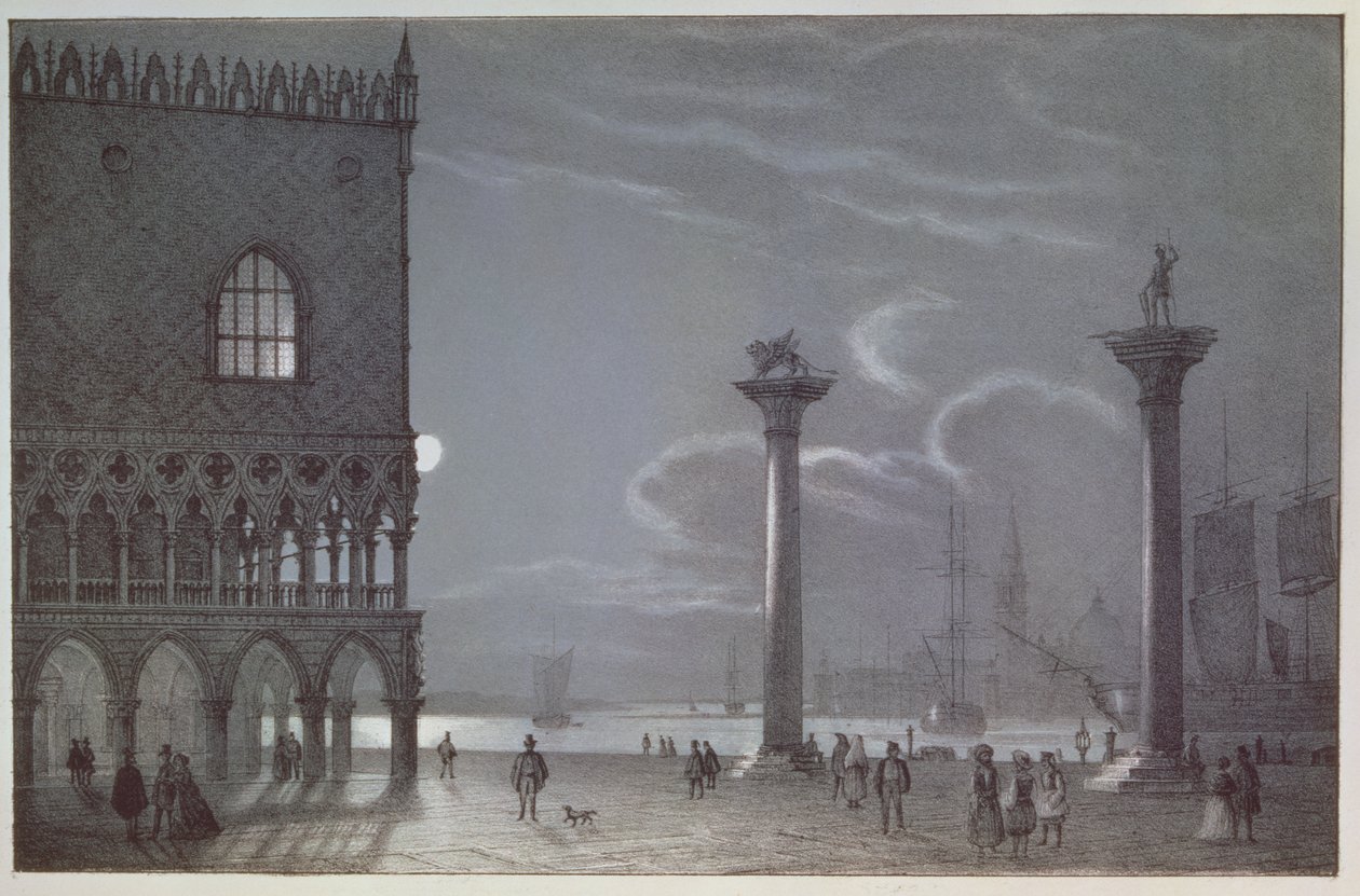 Palazzo Ducale ve İki Sütun, Venedik, Brizeghel tarafından oyulmuş gece sahnesi by Berselli