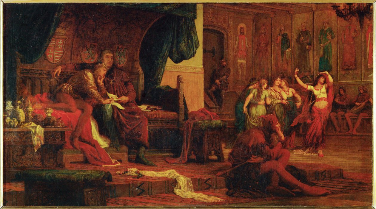 Macaristan Kralı V. Laszlo ve yönetimi ele geçirmek için genç kralı zevklerle şımartan danışmanı Cilli Ulrich (tuval üzerine resim) by Bertalan Szekely