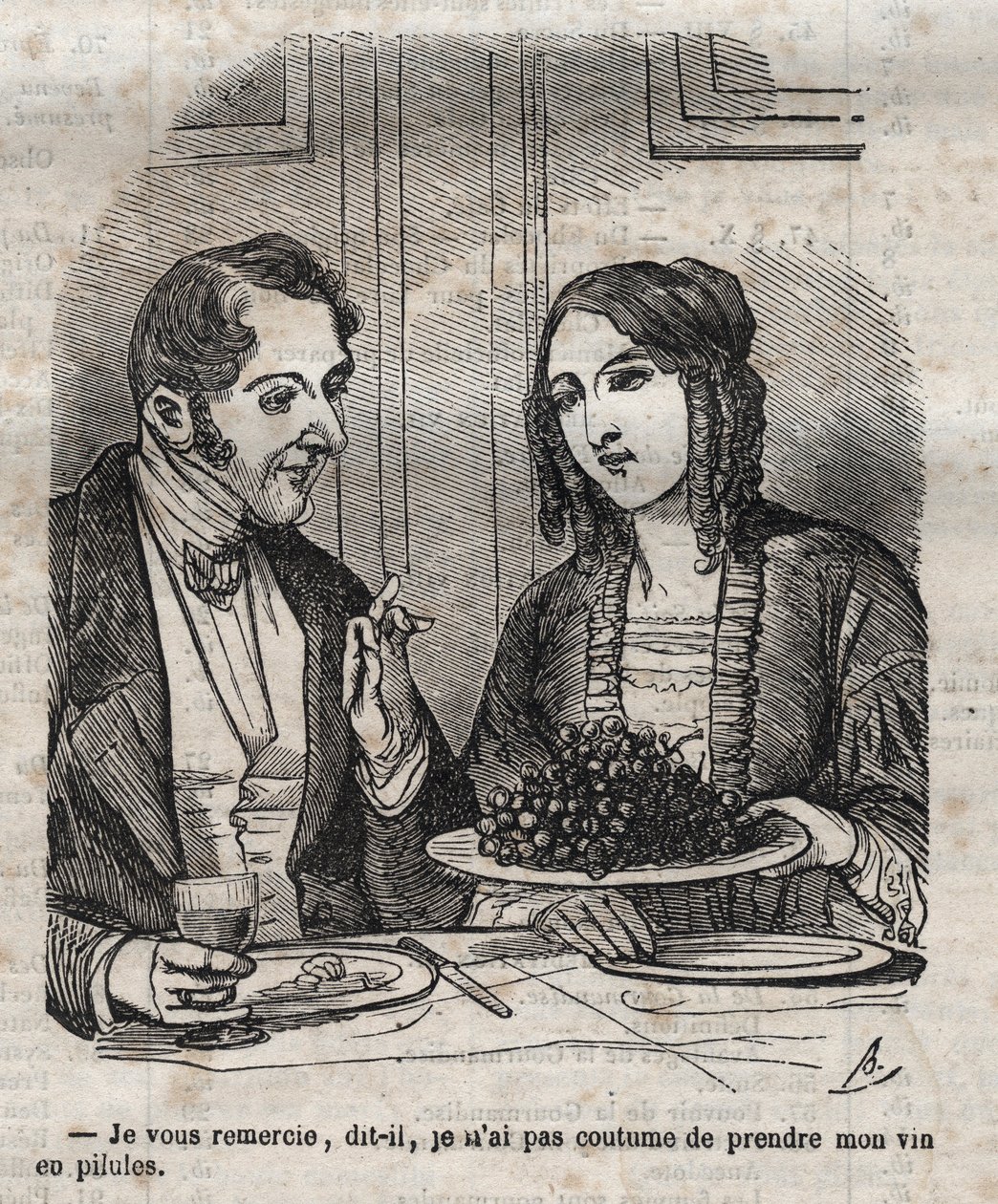 Teşekkürler, şarabımı hap (üzüm) olarak almaya alışık değilim - Jean Anthelme Brillat Savarin (Brillat-Savarin) tarafından “La Physiologie du gut”ta gravür by Bertall