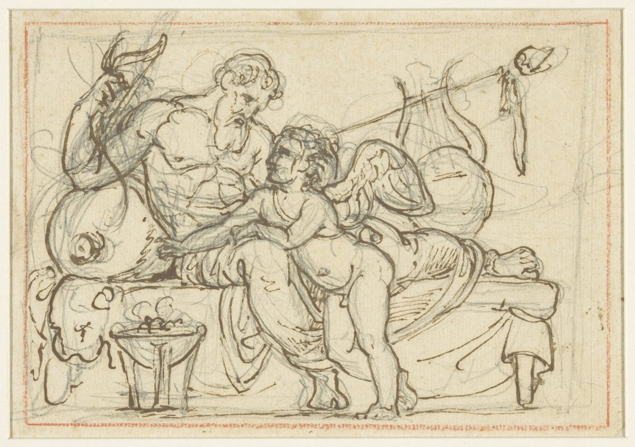 Amor'u tasvir eden bir kabartma ve Anacreon'un yatan bir figürü için tasarım by Bertel Thorvaldsen