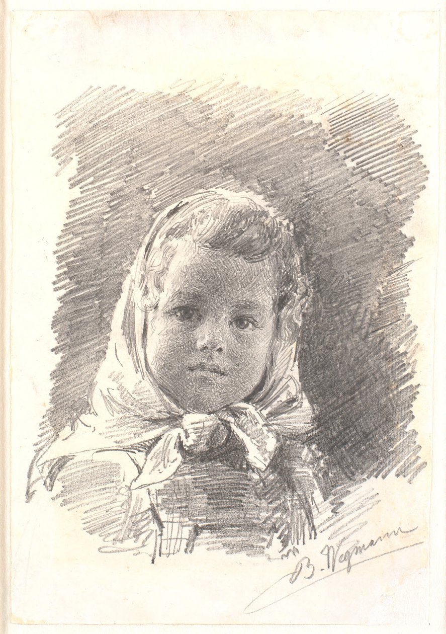 Başının etrafında eşarp olan küçük bir kızın portresi by Bertha Wegmann