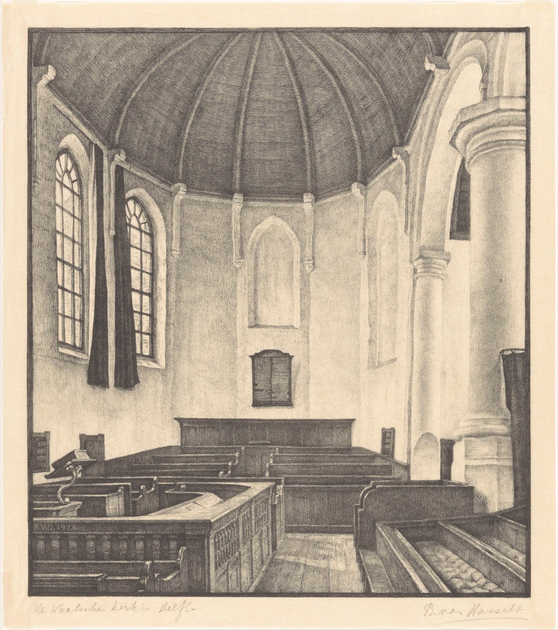 Delft'teki Waalsche Kerk (nesne üzerindeki orijinal başlık) by Bertha van Hasselt (signed by artist)