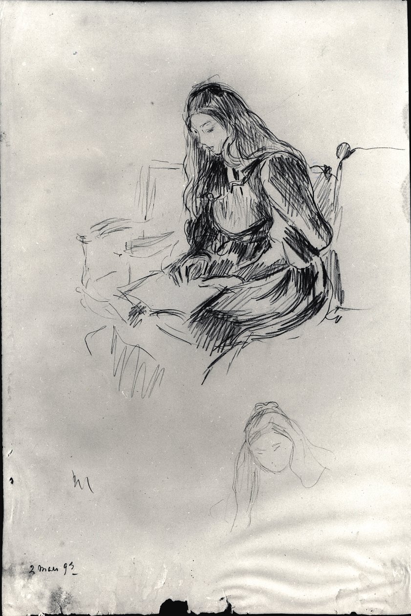 Julie Manet (1878-1966) okuması, 2 Mart 1893 (kağıt üzerinde siyah kurşun) by Berthe Morisot